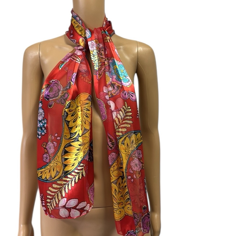Red Satin Floral Striped Semi Sheer Scarf 13 x 60 Inches